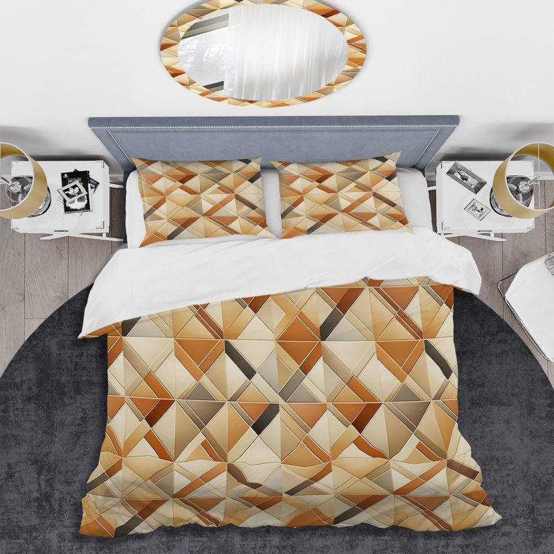 Ensemble de housse de couette en microfibre à motif géométrique beige / brun, Housse de couette pour très grand lit et 2 très