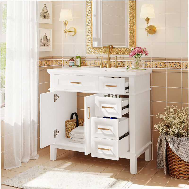 Meuble-lavabo blanc 36 po avec lavabo en résine et 4 tiroirs
