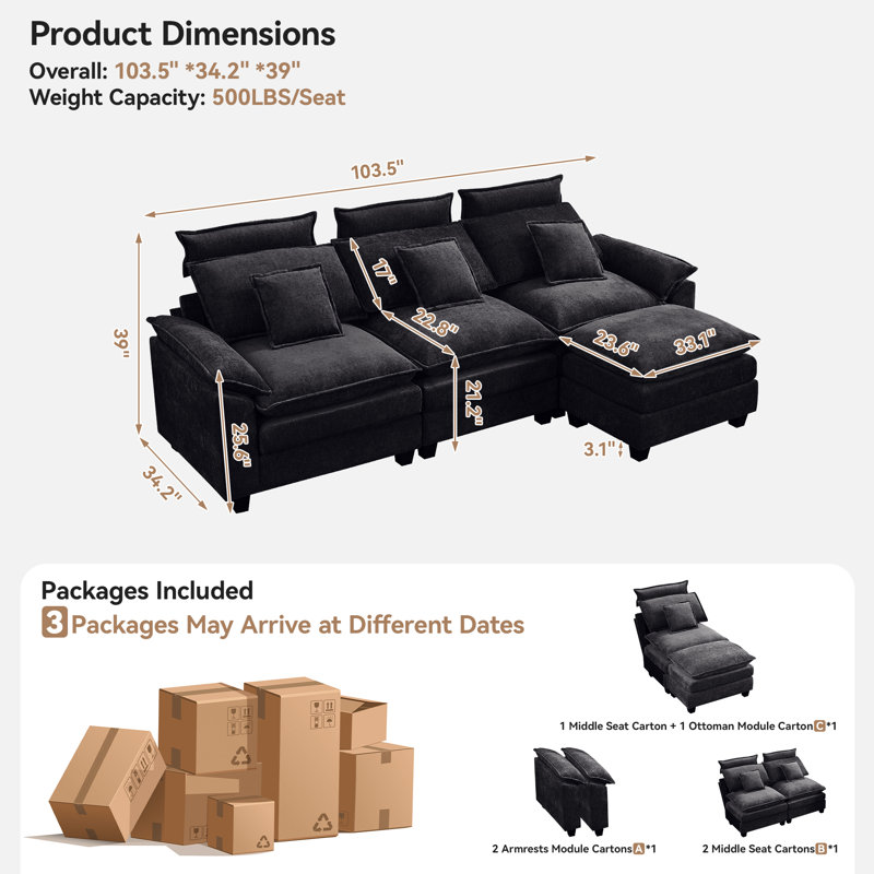 103" W Oversized L-Shaped Cloud Sectional with Ottoman & Headrest, 4, Black Chenille