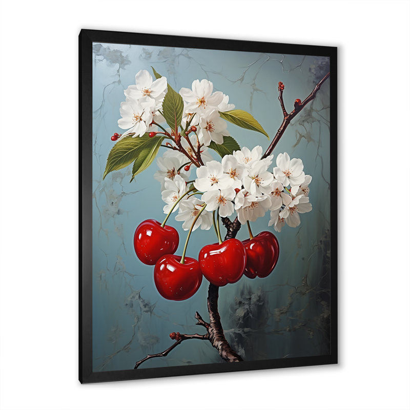 «Chuckling Cherry Charm II - Fruit», art mural salon_105730, H 32 po x l 16 po x P 1 po, Cadre simple noir