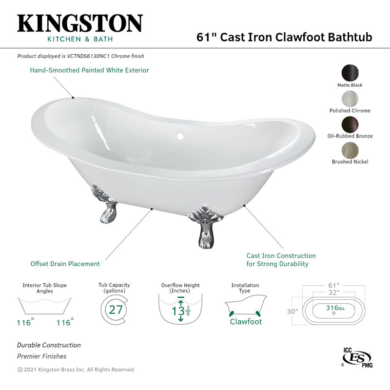 Kingston Brass Aqua Eden 61-Inch Cast Iron Oval Double Slipper Clawfoot Tub (No Faucet Drillings), Oil Rubbed Bronze