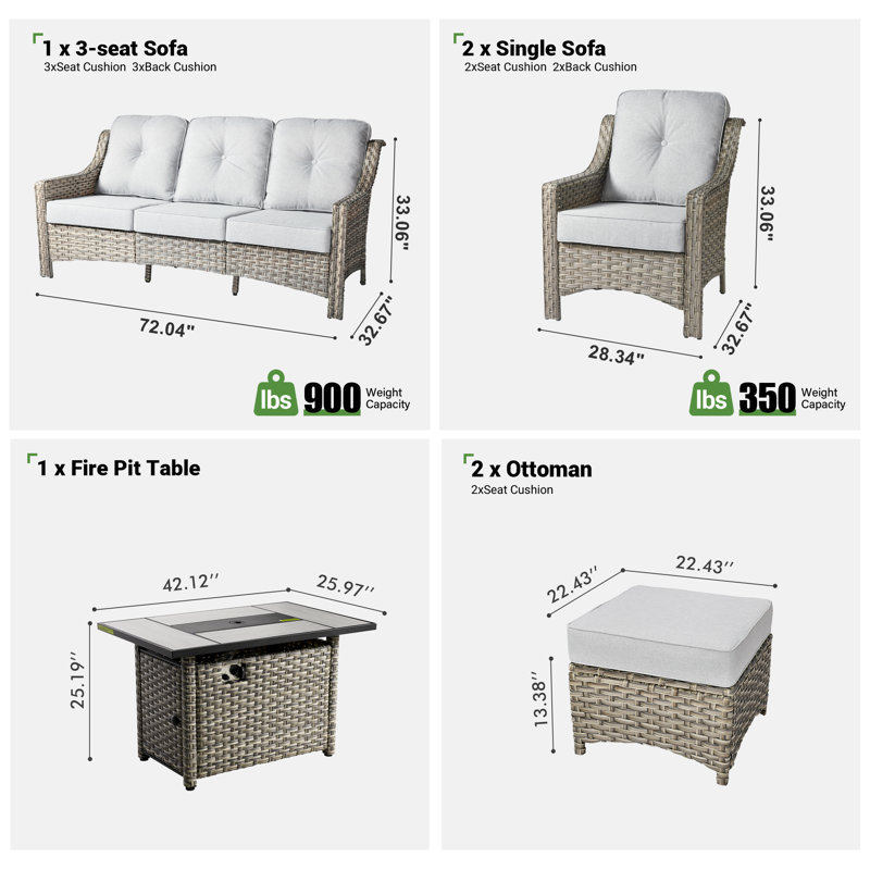 5 - Person Wicker Outdoor Conversation Set, Patio Sofa Set with Fire Pit and Cushions, Light Gray