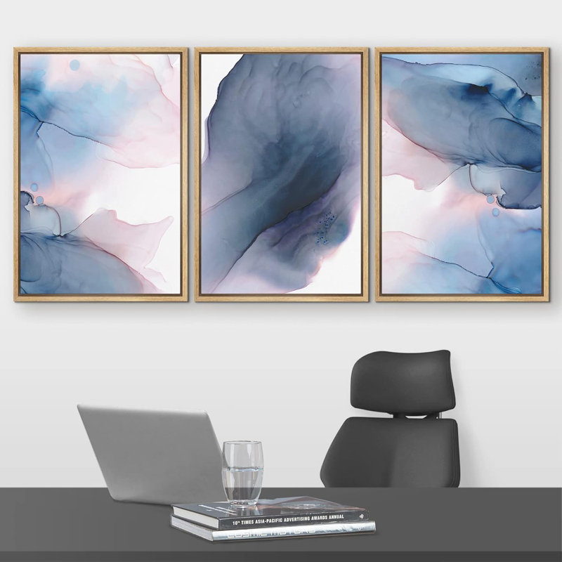 Bleu marine et rose, aquarelle, encre, collage, formes abstraites, illustrations, art moderne, néon chic, H 24 po x l 48 po