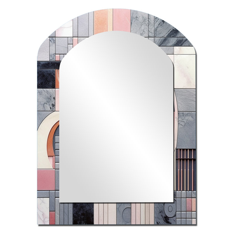 Pink Transcendent Angles III - Abstract Shapes Arch Wall Mirror, Modern Asymmetrical Decorative Mirror, Printed Metal Art