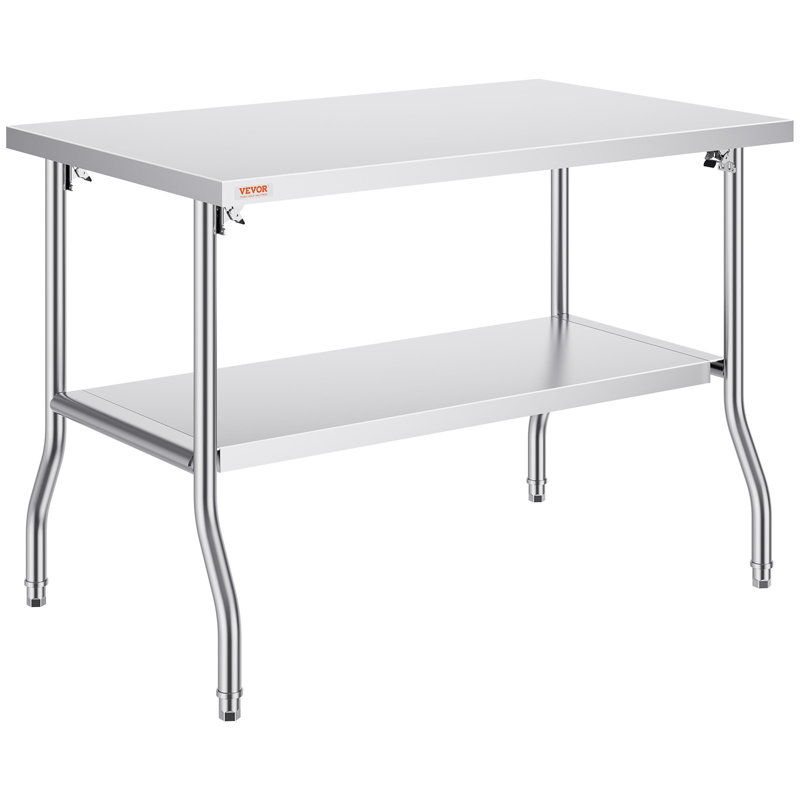 Table de préparation commerciale pliante, poste de travail de 48 po x 30 po avec tablette inférieure, table pliante robuste en acier inoxydable avec charge de 300 lb, pour le garage de la cuisine à domicile