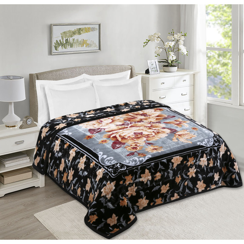 Jeté lourd en peluche, Très grand, Floral, Noir