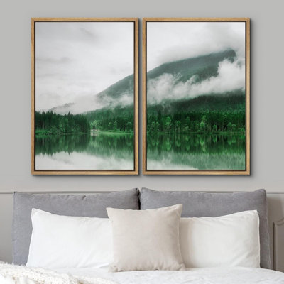 " Green Mountain Range Valley Trees Foggy Lake Nature Landscape Photography Decor " 2 - Pieces