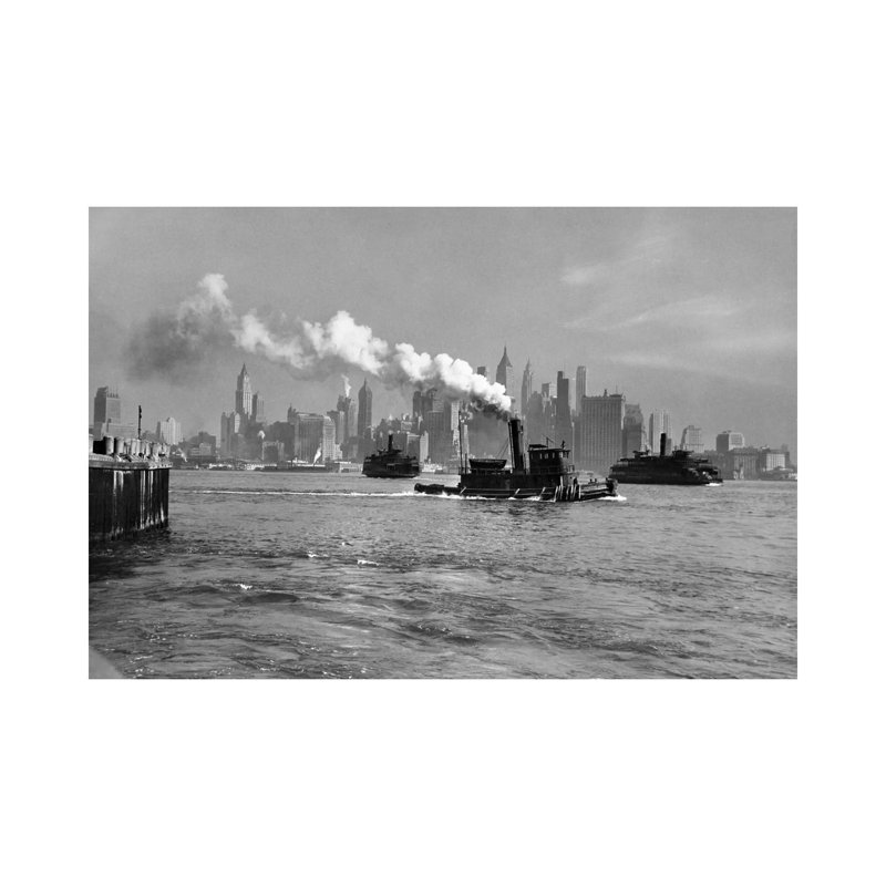 1930s-1933 Steam Engine Tug Boat and Staten Island Ferry Boats on Hudson River Against Manhattan Skyline New York City USA 1 Piece Wrapped Canvas Wall Art