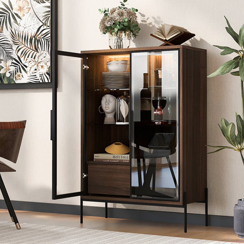 Vitrine autoportante de 51,2 po, garde-manger avec 2 tiroirs de rangement et portes en verre, vitrine avec tablettes réglables à 4 niveaux et éclairage DEL, pour le salon, la cuisine, le bureau - noyer