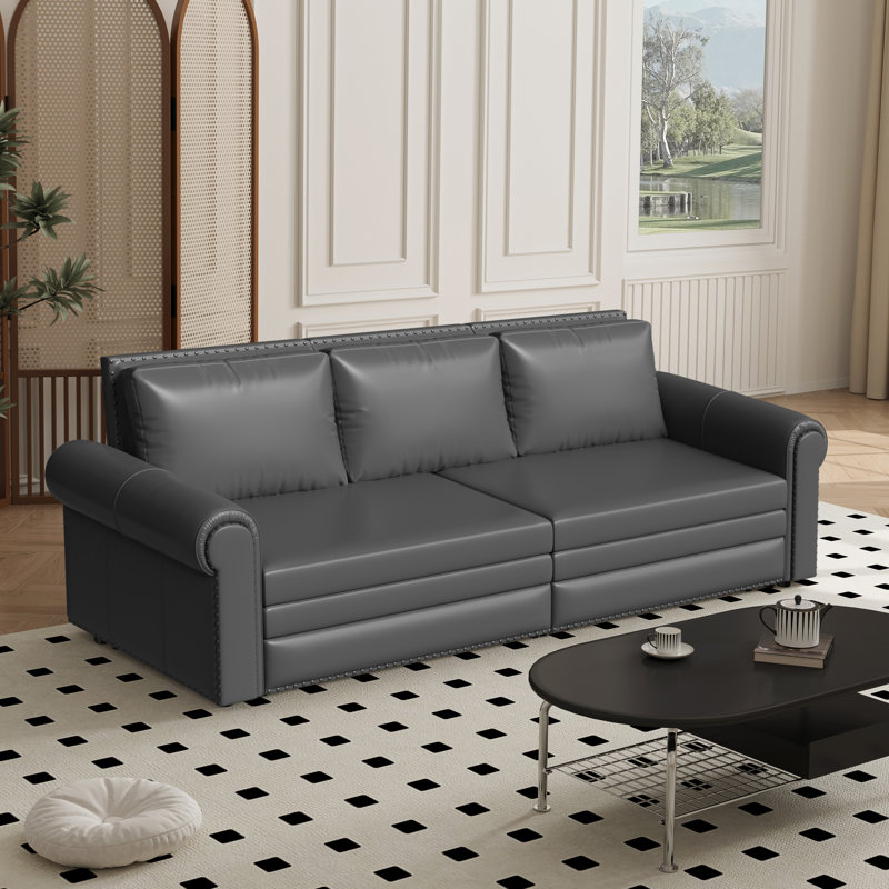 3-In-1 Faux Leather Convertible Sleeper Sofa, Gray