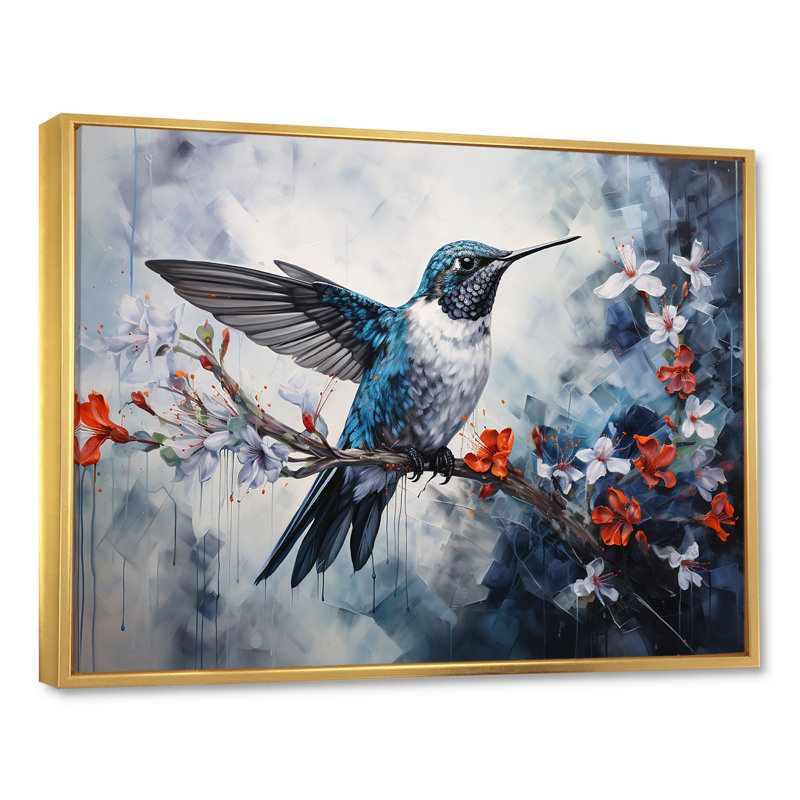 Colibri harmonie florale sur toile, Cadre flottant doré, 24" H x 32" W