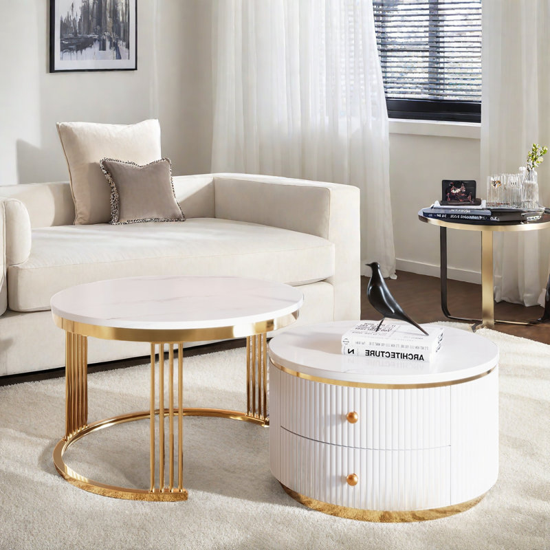 Table basse gigogne moderne 2 pièces avec 2 tiroirs et pieds dorés