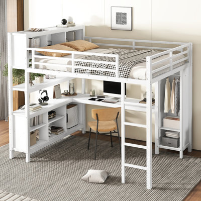 Metal Loft Bed For Teens And Adults, Queen Size, With Wardrobe, Desk, White, Space Saving, Easy Setup White Storage Heavy Duty, To Assemble