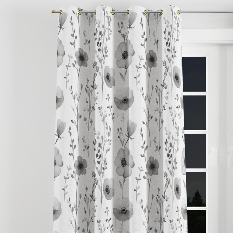 Country Farmhouse Window curtains - Floral Grey Flowers Meadow Grommet Curtain - 1 Panel, Gold Grommets, 52" W x 120" L