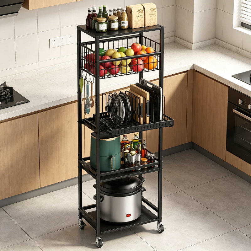 5-Tier Kitchen Rolling Cart with Metal Fruit Vegetable Basket, Pull-Out Pot Lid and Cutting Board Organizer, Storage Rack with Wooden Top for Kitchen, Pantry, Bathroom