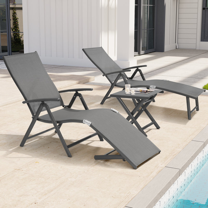Cllgone Outdoor Metal Chaise Lounge Set with Table, Gray, Gray