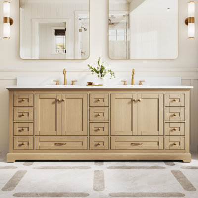 Meuble-lavabo autoportant l 80 po x H 34,2 po avec comptoir en marbre de culture blanc et lavabo, chêne