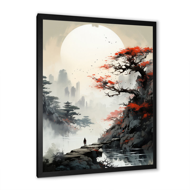 «Asian Art Samurais Landscape III», reproduction d'art sur toile asiatique, H 40 po x l 30 po x P 1,5 po, Cadre simple noir