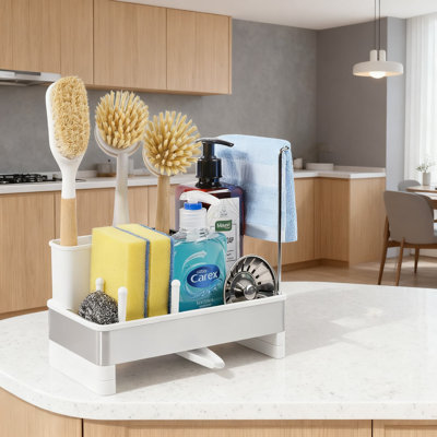 Porte-éponge en acier inoxydable avec plateau à vidange automatique, organisateur pour évier de cuisine pour brosse à vaisselle, distributeur de savon et débarbouillette, support de rangement antirouille pour comptoir