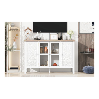 Meuble télé 47,2 po pour téléviseur de 43 po ou moins, meuble multimédia avec 3 armoires spacieuses, portes vitrées et dispositif anti-basculement pour le salon