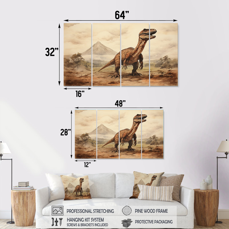 «Dinosaur Vintage Landscape I - Dinosaur Vintage», art mural 4 pièces pour le salon, H 28 po x l 48 po