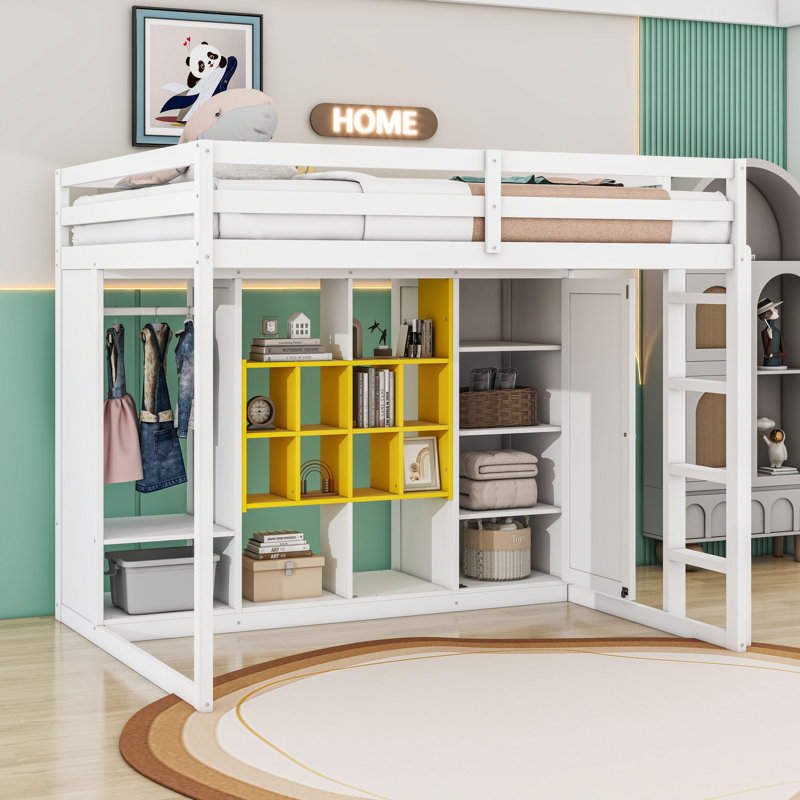 Wooden Loft Bed With Shelves, Wardrobe And Guardrails, White/Yellow, Full
