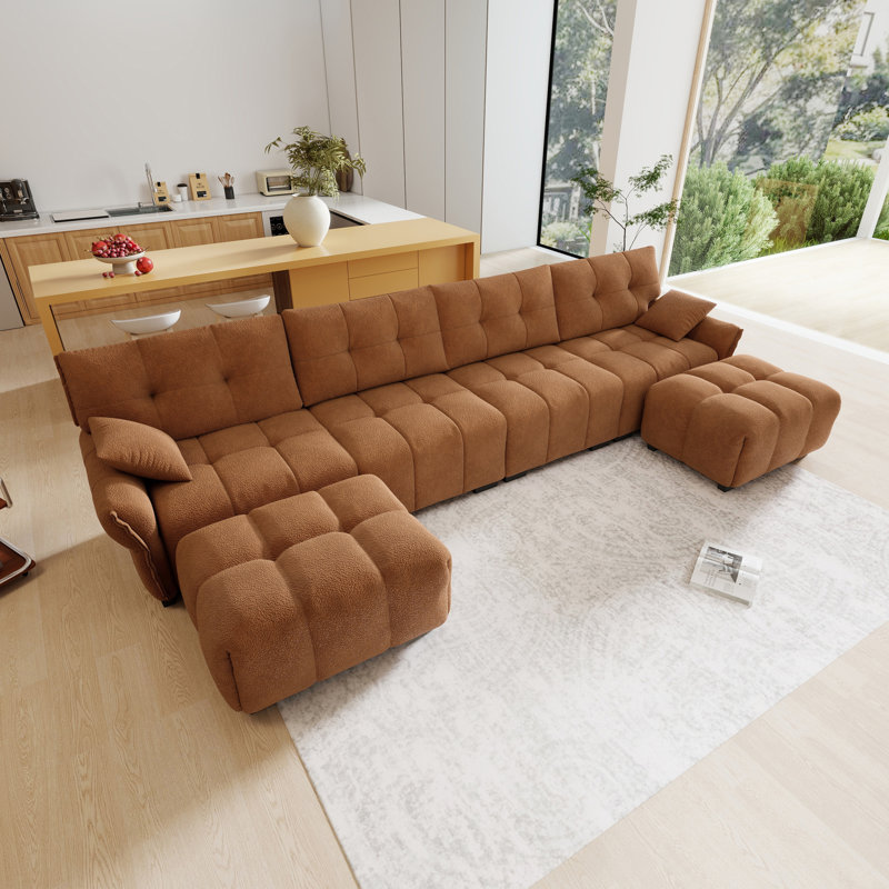 Canapé en chenille en U 141,7 po avec coussins décoratifs et repose-pieds en U pour salon, salon et bureau, Chenille orange