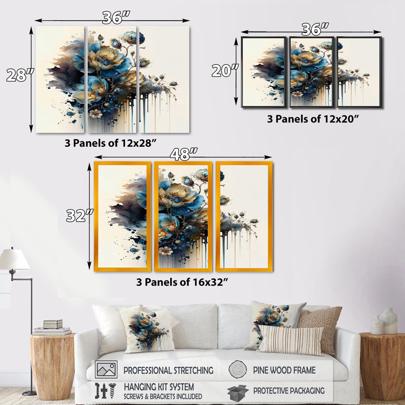 «Realistic Blooming Flowers I», reproduction sur toile 3 pièces, Cadre noir, H 28 po x l 36 po x P 1 po