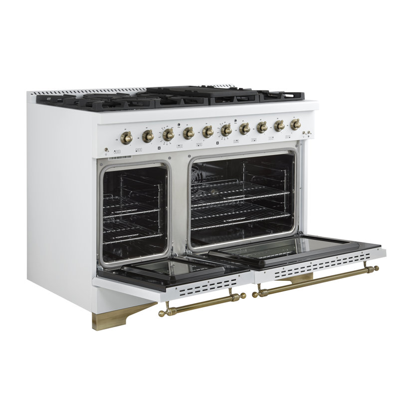 Forno Antico 48-inch Dual Fuel Range with 8 Burners, 94,000 BTU, 5.5 cu.ft. Double Ovens & Griddle, Antique Brass Finish