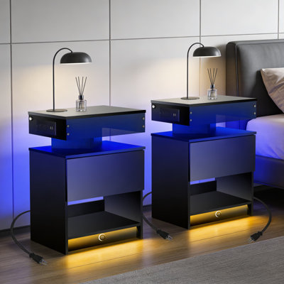 Table de chevet moderne avec éclairage à induction et station de charge, table de chevet avec tiroir et bibliothèque en acrylique pour la chambre à coucher