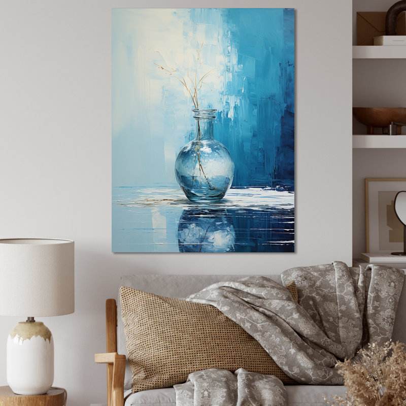 Vase de poterie bleu et blanc Boho, Toile tendue, H 32 po x l 24 po x P 1 po