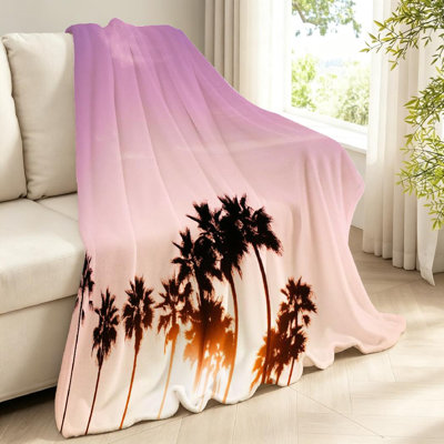 Jeté en molleton rose ultra doux en flanelle, imprimé palmier Sunset Venice