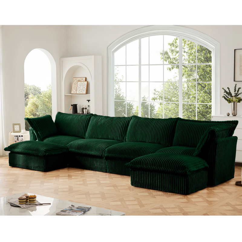 Canapé, repose-pieds en chenille, 3, Velours côtelé vert, H 34,6 po x l 120 po x P 33 po
