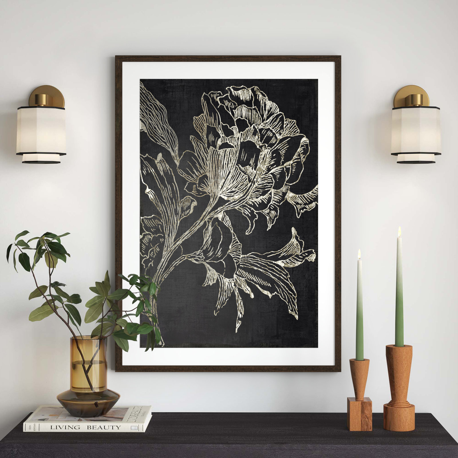 Clarendon "Golden Flower Folklore I" Print, 41.5" H x 29.5" W, Walnut Framed