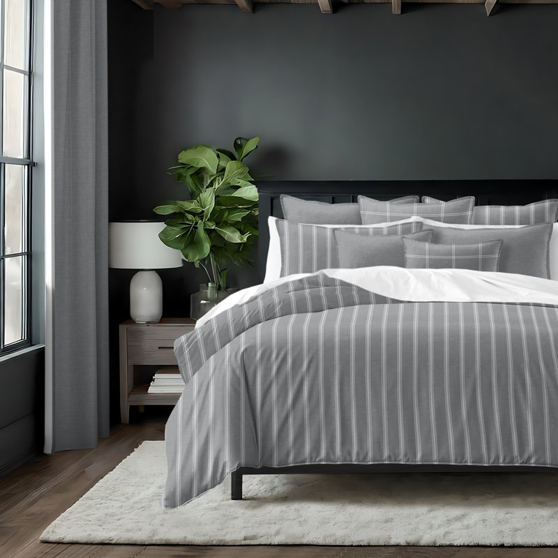 Shay Broad Ticking Stripe Gray Cotton Coverlet Set  8 Piece, California King Coverlet + 7 Additional Pieces