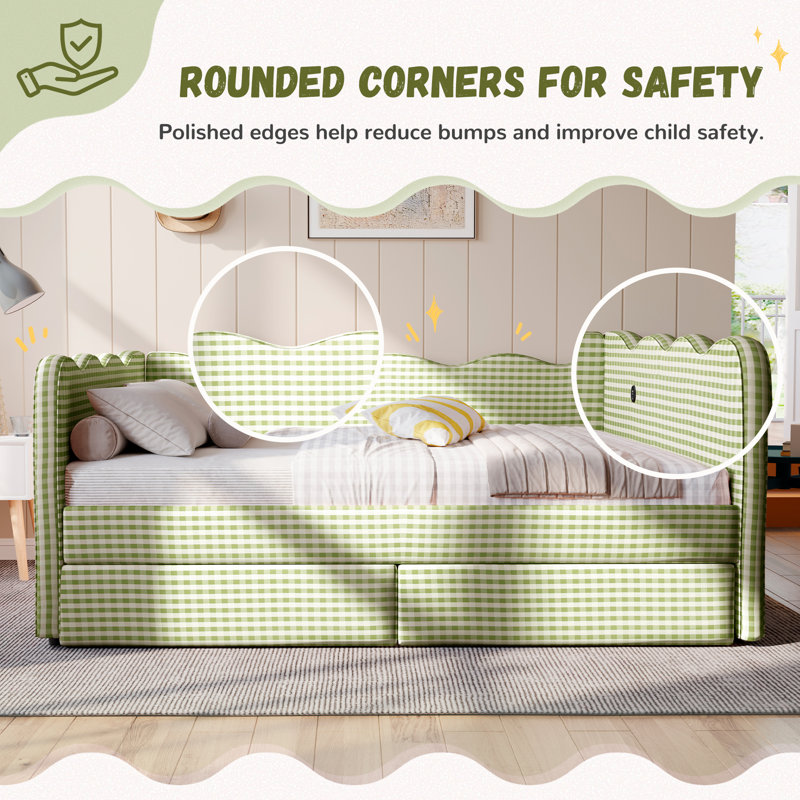 Lit de jour Gingham avec 2 tiroirs de rangement et port USB, forme ondulée, Grand lit, Vert