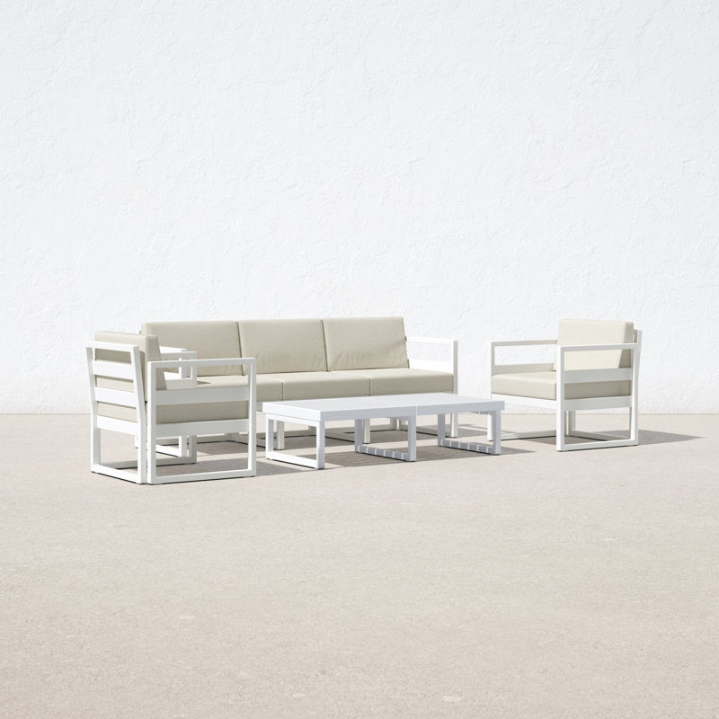 Lane 5 - Person Patio Conversation Set with Cushions, Canvas Natural Sunbrella® Canvas, White