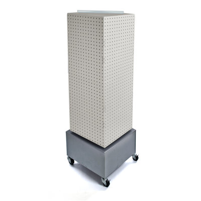 Four-Sided Pegboard Tower Floor Display on Metal Wheeled Base. Spinner Rack Stand. Panel Size: 14"W x 40"H