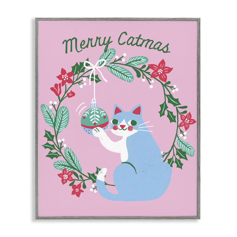 «Merry Christmas Pink Cat», art mural sur toile par Riley Hutchens, Estampe numérique Farmhouse, H 20 po x l 16 po