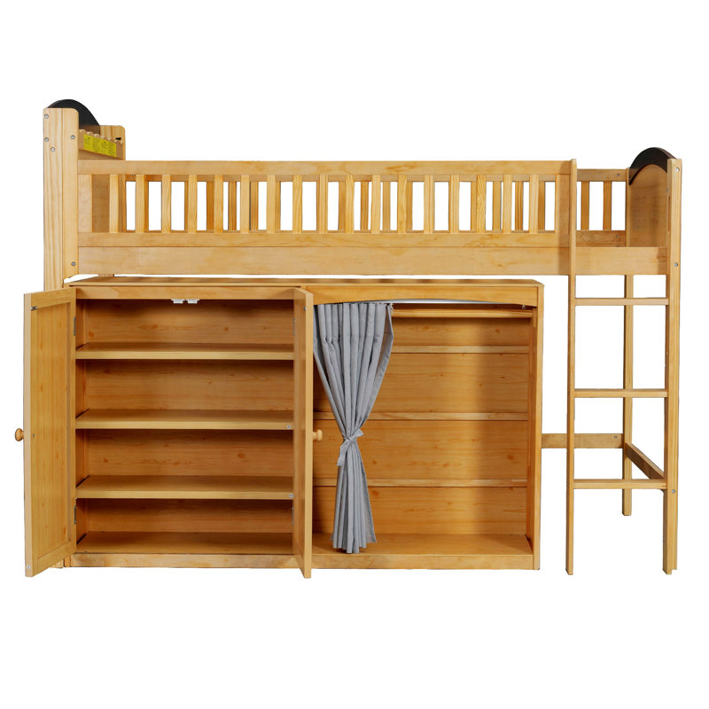 Lit mezzanine avec armoire de rangement, garde-robe et DEL, Lit simple, Bois