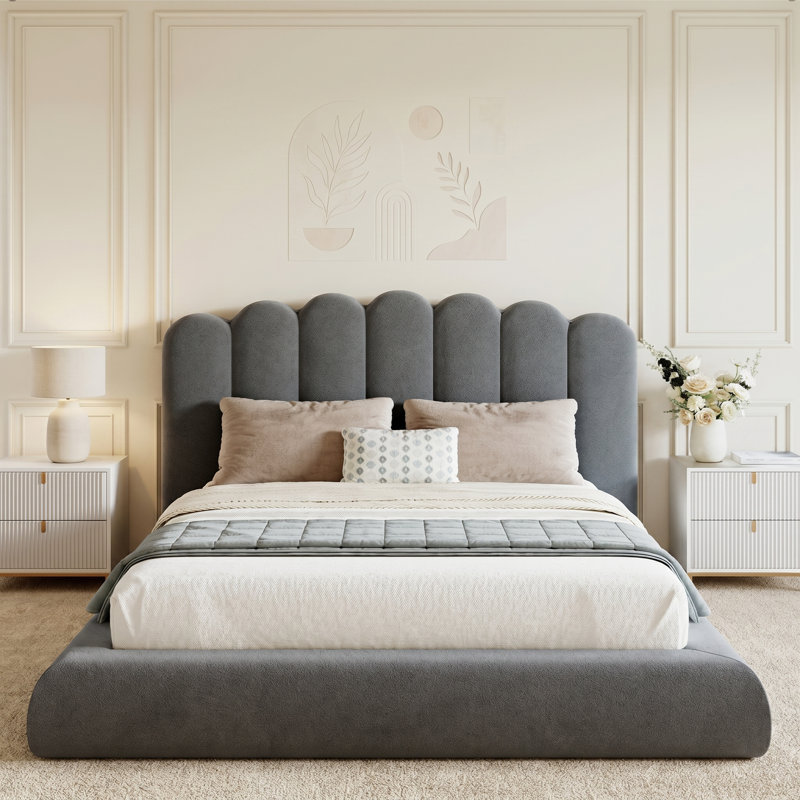 Upholstered Platform Bed with Wave Headboard, Beige, King