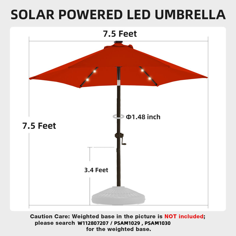 Parasol de marché solaire 7,5 pi avec DEL et manivelle inclinable, Rouge