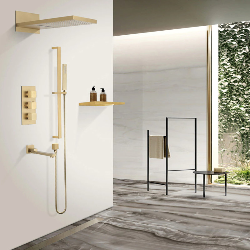 Wall-Mounted Full Shower System with Square Rain Head, Jets, and Multi-Function Hand Spray