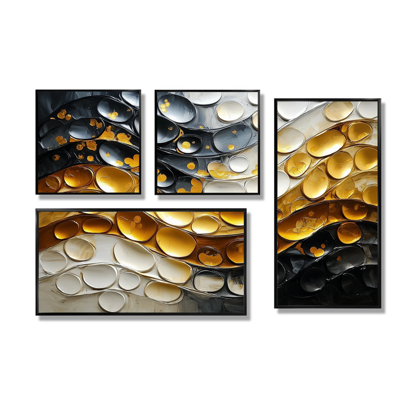 Golden Passage To Transitional Art II - Art mural abstrait 4 pièces, Impression encadrée sans passe-partout, Noir