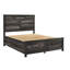 Grand lit plateforme gris traditionnel, avec 2 tiroirs, poignées tombantes de couleur bronze industriel, sans sommier