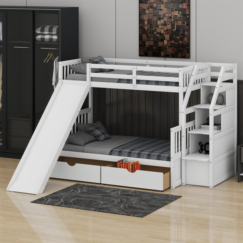 Bunk Bed With Drawers,Storage And Slide, White