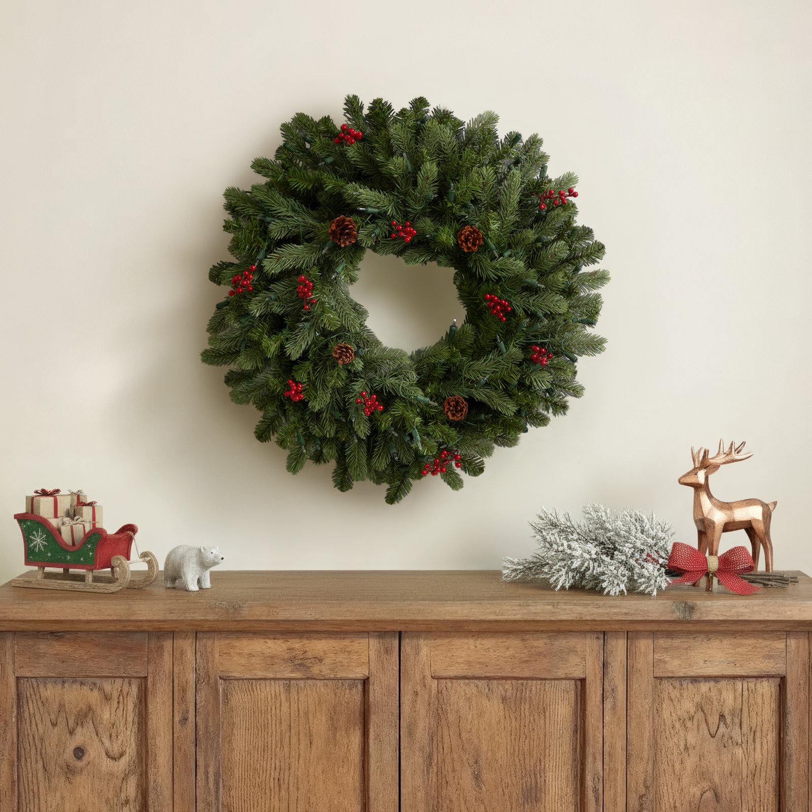 30'' Faux Pine Lighted Plastic Wreath