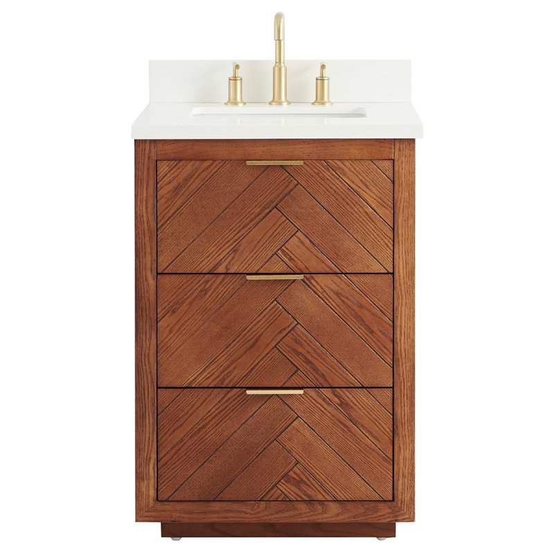 Meuble-lavabo simple autoportant à grain de bois 24 po avec plateau en quartz blanc pur Atilia, L 24 po