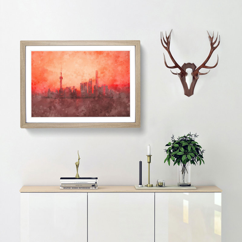 The Shanghai China Skyline - Picture Frame Painting Print, 33cm H x 45cm W x 2cm D, Oak Framed