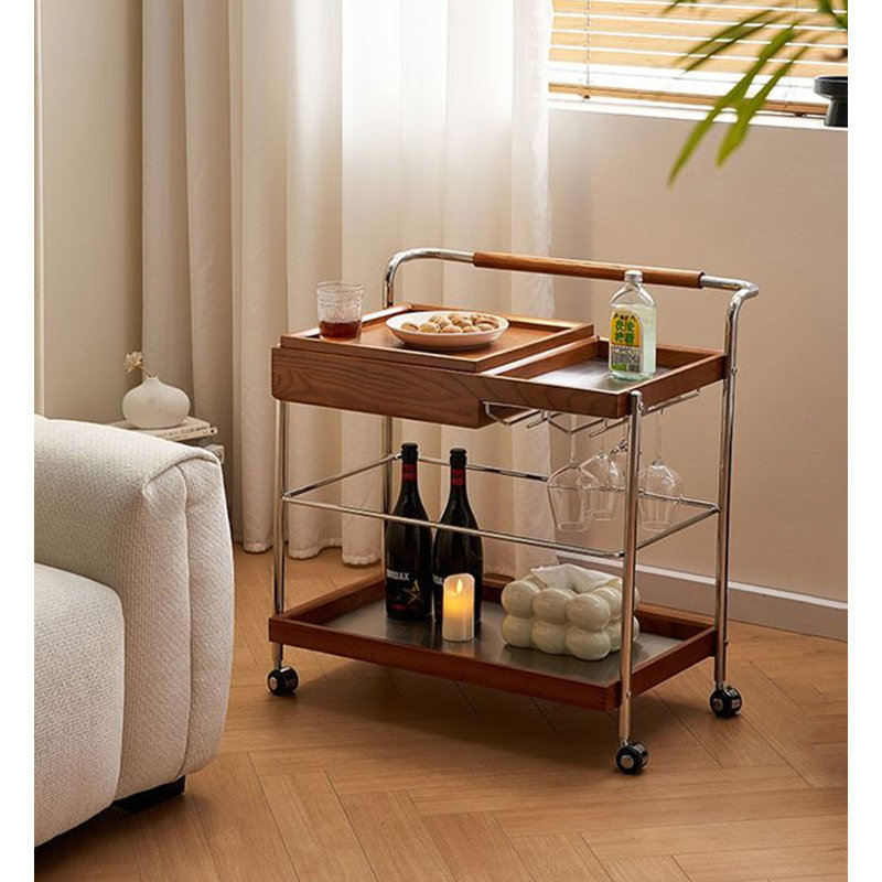 Multi Function Wood Stainless Steel Mobile Side Storage Cart, Medium Wood